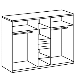 Line drawing of the CHOICEWARDROBE Dorian 5 Door Mirrored Wardrobe in matte grey, 225cm wide, with three main sections: two outer hanging spaces and a central area with shelves and two drawers. No doors or contents are shown.