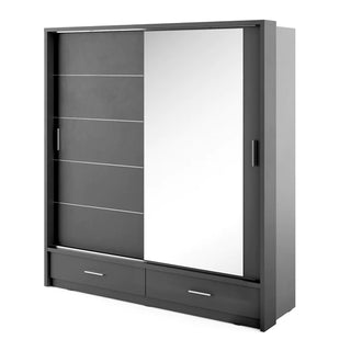Modern two-door black wardrobe with central mirror and smooth sliding doors, ideal for contemporary UK homes seeking smart bedroom storage.