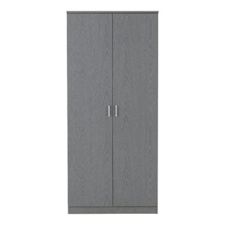The CHOICEWARDROBE Earth Grey Wooden 2 Door Wardrobe features a modern, minimalist design with silver handles and a sleek finish, making it a stylish addition to any room.