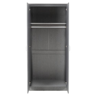 The CHOICEWARDROBE Earth Grey Wooden 2 Door Wardrobe has a modern, minimalist design with silver handles, a top shelf, hanging rod, open section below, and flat base—perfect for adding sleek style to any room.