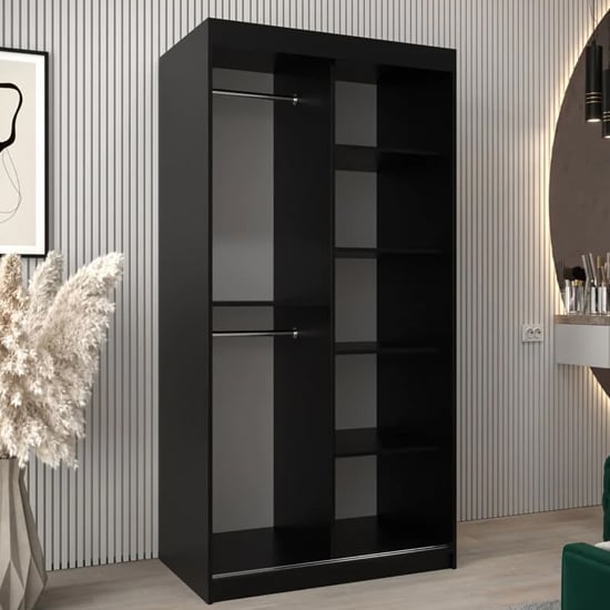 Black sliding door wardrobe with mirrored panels, featuring shelves and hanging rails.