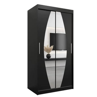 The CHOICEWARDROBE Eden 100cm Mirrored Sliding Door Wardrobe in black offers modern storage with shelves, hanging rails, and smooth-glide doors—sleek, minimalist bedroom furniture perfect for any space.