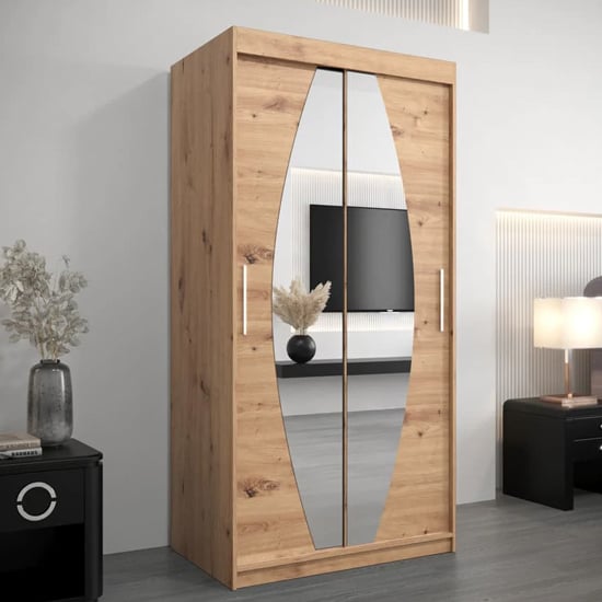 CHOICEWARDROBE Eden 100cm Artisan Oak 2-door sliding wardrobe with curved mirrored panels.