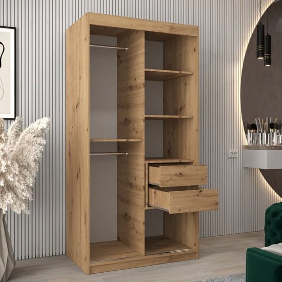 CHOICEWARDROBE Eden 100cm Oak sliding wardrobe with shelves and open drawer