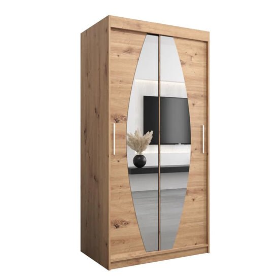 CHOICEWARDROBE Eden 100cm oak effect sliding wardrobe with curved mirrored doors