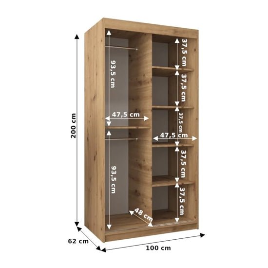 CHOICEWARDROBE Eden 100cm Oak sliding door mirrored wardrobe with shelves and hanging rail, 200x100x62cm.