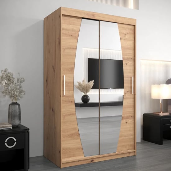 CHOICEWARDROBE Eden 120cm Artisan Oak Mirrored Wardrobe, 2 sliding doors with curved mirrored panels.