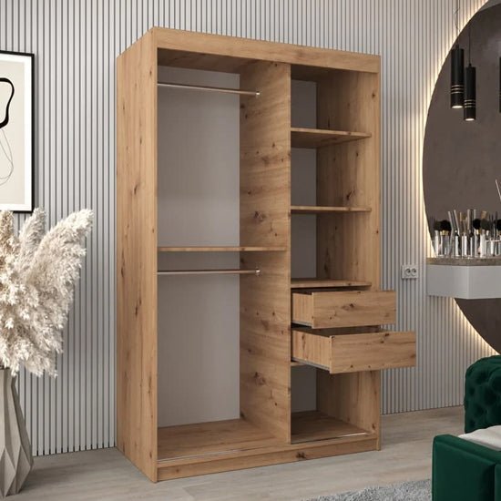 CHOICEWARDROBE Eden 120cm Artisan Oak 2-door sliding wardrobe with mirror panels and drawers.