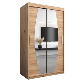 The CHOICEWARDROBE Eden 120cm Artisan Oak Mirrored Wardrobe features two curved mirror doors, metal handles, and premium storage shelving, adding style and function to any modern bedroom.