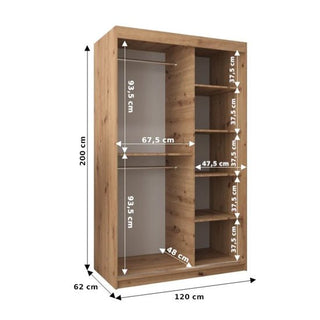 The CHOICEWARDROBE Eden 120cm Artisan Oak Mirrored Wardrobe features an elegant 2-door design with curved mirror panels, premium storage shelving, marked shelf measurements inside, and measures 200x120x62 cm—ideal for bedroom organization.