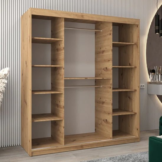 CHOICEWARDROBE Eden 180cm Artisan Oak wardrobe with mirrored sliding doors, hanging rail, and shelves.