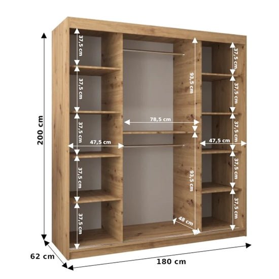 CHOICEWARDROBE Eden 180cm oak sliding door wardrobe with mirrored panels and shelves