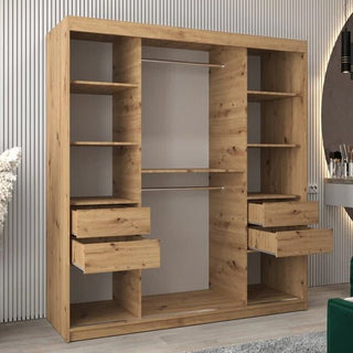 The CHOICEWARDROBE Eden 180cm Oak Mirrored Sliding Door Wardrobe features a contemporary curved mirror, hanging rail, and storage shelves, offering modern style and ample space for organizing in any room.