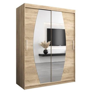 The CHOICEWARDROBE Eden 2 Door Mirrored Sliding Wardrobe in a 150cm oak finish features contemporary curved mirrors, shelving, a hanging rail, and smooth sliding doors for stylish bedroom storage.