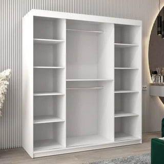 The CHOICEWARDROBE Eden 2 Door Mirrored Sliding Wardrobe (180cm, White Finish) features an elegant curved mirror, hanging rail, spacious shelves, and smooth sliding doors—serving as stylish modern bedroom furniture.