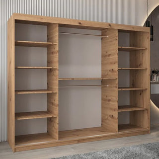 The CHOICEWARDROBE Eden 250cm Mirrored Sliding Door Wardrobe in an Artisan Oak finish features 3 smooth sliding doors with a stylish curved mirror, offering modern storage as a chic alternative to traditional wardrobes.