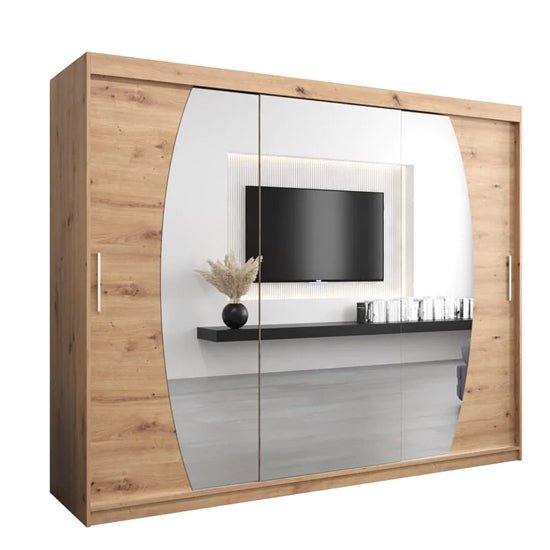 CHOICEWARDROBE Eden 250cm 3-door sliding wardrobe with curved mirrored front in Artisan Oak finish.