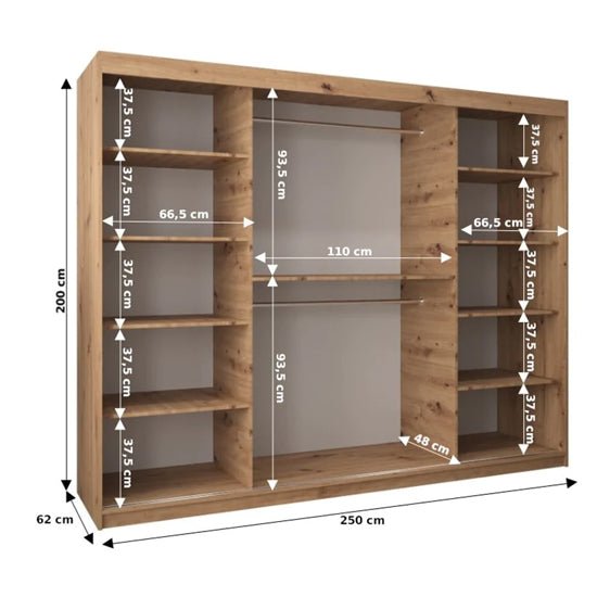 CHOICEWARDROBE Eden 250cm Artisan Oak sliding door wardrobe with 3 mirrored doors, showing internal shelf dimensions.