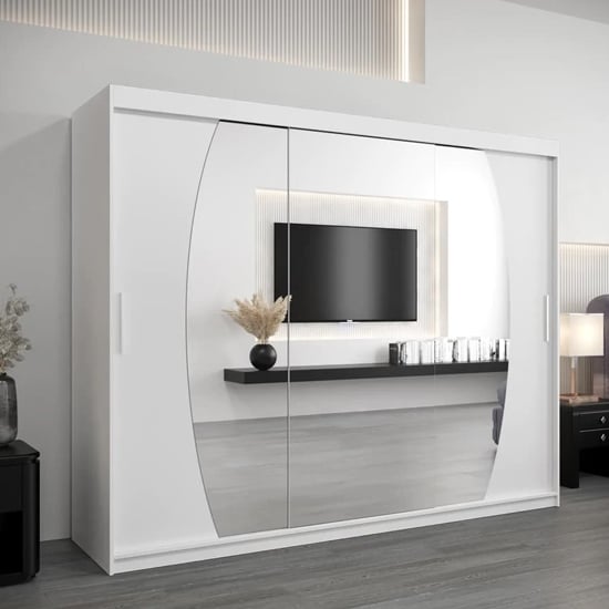 White 3 door mirrored sliding wardrobe, 250cm, modern bedroom style