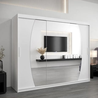 ChoiceWardrobe Eden 3 door mirrored sliding wardrobe in white, styled in a modern bedroom with curved panel doors and sleek mirror front.