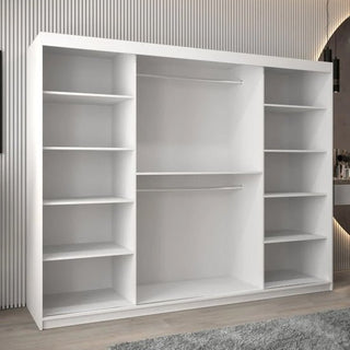 Interior of Eden wardrobe showing multiple shelves, hanging rails, and modular compartments for smart storage.