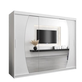 Studio shot of Eden mirrored sliding wardrobe with 3 wide doors, white panel finish and integrated mirror design.
