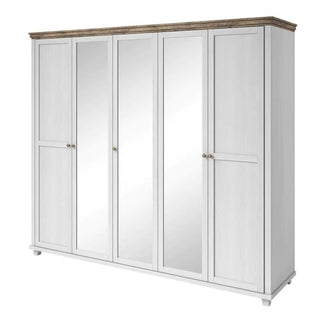 The CHOICEWARDROBE Eilat 246cm 5 Door Mirrored Wardrobe in Abisko Ash features a classic panel design, mirrored doors, and ample storage space, combining elegance and functionality for any bedroom.