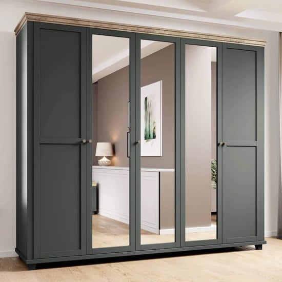CHOICEWARDROBE Eilat 246cm 5 door deep green wardrobe with oak top and 3 full-length mirrored doors.