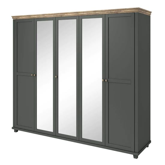 CHOICEWARDROBE EILAT 246cm 5 Door Mirrored Wardrobe in Deep Green with Oak Top