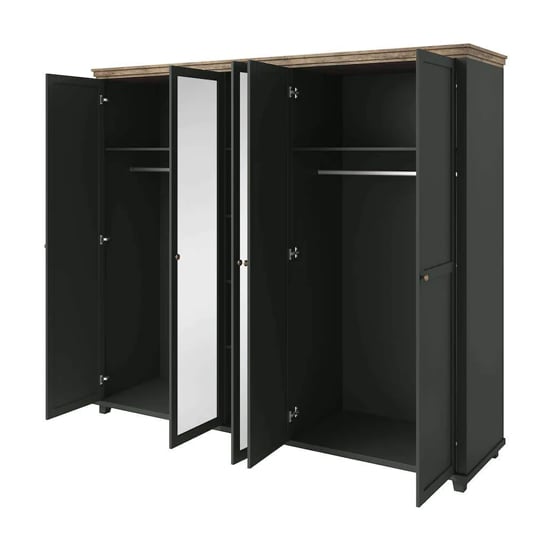 Deep Green 5 Door Wardrobe with Mirrored Panels - Interior View