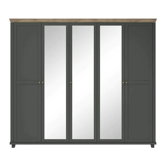 Eilat 246cm 5-door mirrored wardrobe in deep green with oak top
