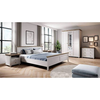 Eilat Abisko Ash 3 Door Wardrobe styled in modern bedroom with oak trim and mirrored doors