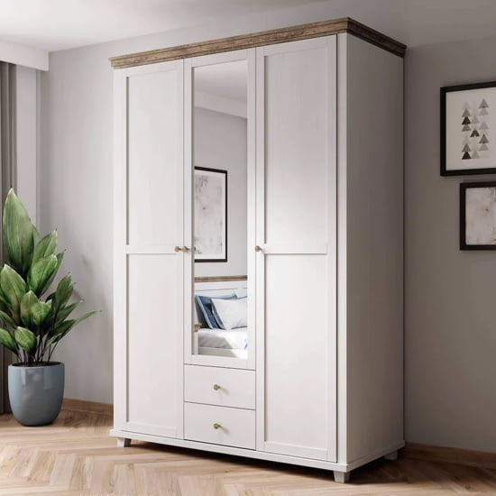 CHOICEWARDROBE Eilat 3 door Abisko Ash wardrobe with oak trim and central mirrored door, two drawers visible