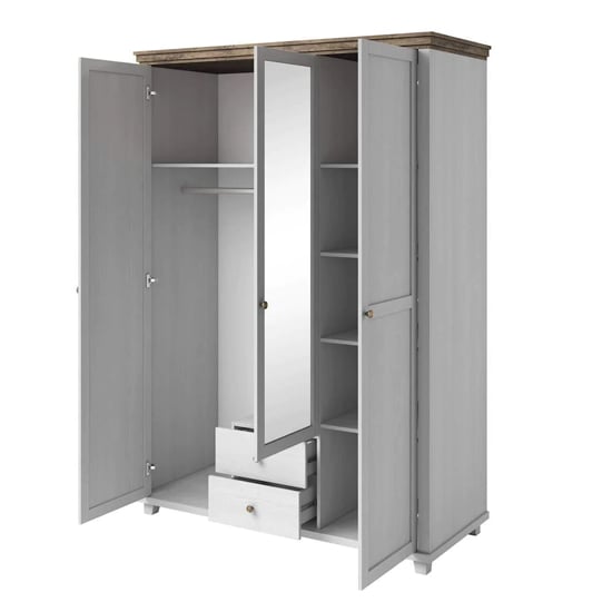 Abisko Ash 3-door wardrobe with oak trim, mirrored panel and visible hanging rail and drawers.