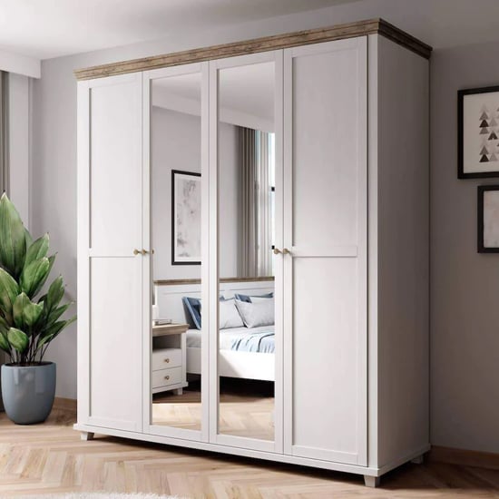 CHOICEWARDROBE Eilat 4 door white wardrobe with mirrored panels and Abisko Ash finish.