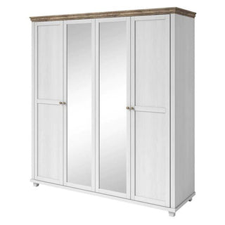The CHOICEWARDROBE Eilat 4 Door Mirrored Panelled Wardrobe in Abisko Ash finish features classic framed doors, full-length mirrors on the middle two, shelves, a hanging rail, and stands on small legs for a timeless look.
