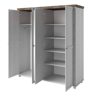 The CHOICEWARDROBE Eilat 4 Door Mirrored Panelled Wardrobe in Abisko Ash features framed doors, a hanging rail and shelf on one side, four shelves on the other, and a classic wood trim top.