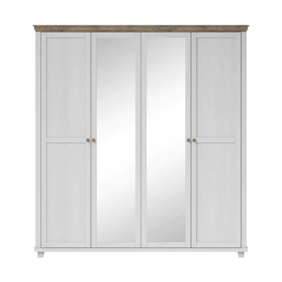 The CHOICEWARDROBE Eilat 4 Door Mirrored Panelled Wardrobe in Abisko Ash finish features framed doors with white panels, full-length mirrors on the center doors, and offers shelves plus a hanging rail for storage.