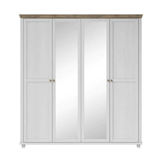 The CHOICEWARDROBE Eilat 4 Door Mirrored Panelled Wardrobe in Abisko Ash finish features framed doors with white panels, full-length mirrors on the center doors, and offers shelves plus a hanging rail for storage.