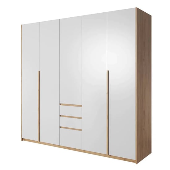 Elara 3-door hinged wardrobe in Golden Oak and White, with 3 drawers visible.