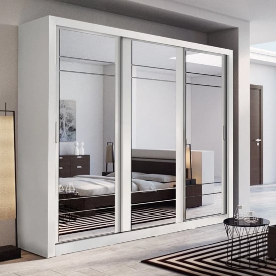 Matte white 250cm Elara 3 door sliding mirrored wardrobe in modern bedroom