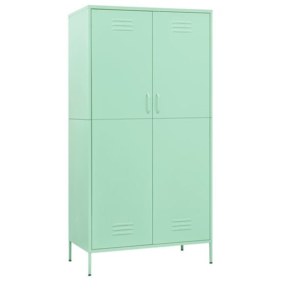 Mint green steel 2-door locker wardrobe with vent details and slim legs