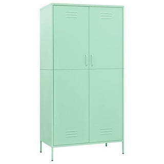 The CHOICEWARDROBE Emrik Mint Green Steel Wardrobe is a 2-door, locker-style cabinet with vent details, slim legs, dual handles, and adjustable shelves for flexible storage.