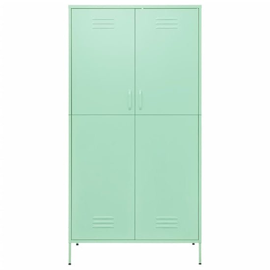 Mint green 2-door steel locker-style wardrobe with slim legs
