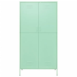 The CHOICEWARDROBE Emrik Mint Green Steel Wardrobe is a 2-door, locker-style cabinet with handles and vents, standing on slim legs. It features adjustable shelves for versatile storage in a modern, mint green metal design.