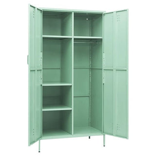 The CHOICEWARDROBE Emrik Mint Green Steel Wardrobe is a 2-door metal locker-style cabinet with multiple adjustable shelves, a hanging rod, and four short legs. The double doors open to reveal an empty interior, perfect for organized storage.