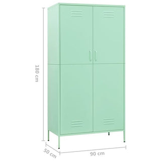 The CHOICEWARDROBE Emrik is a mint green steel 2-door locker-style wardrobe with vertical handles, vent-like slits, adjustable shelves, and measures 180x90x50 cm.