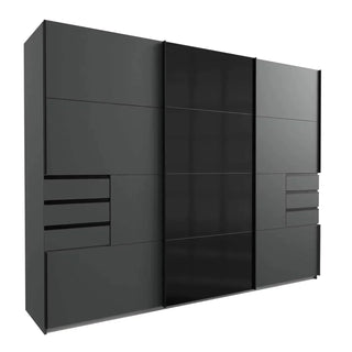 The CHOICEWARDROBE Ernesto 3 Door Sliding Wardrobe features a matt graphite and black glass finish, contemporary design, MDF construction, and ample storage with drawers and sliding doors, perfect for modern bedrooms.