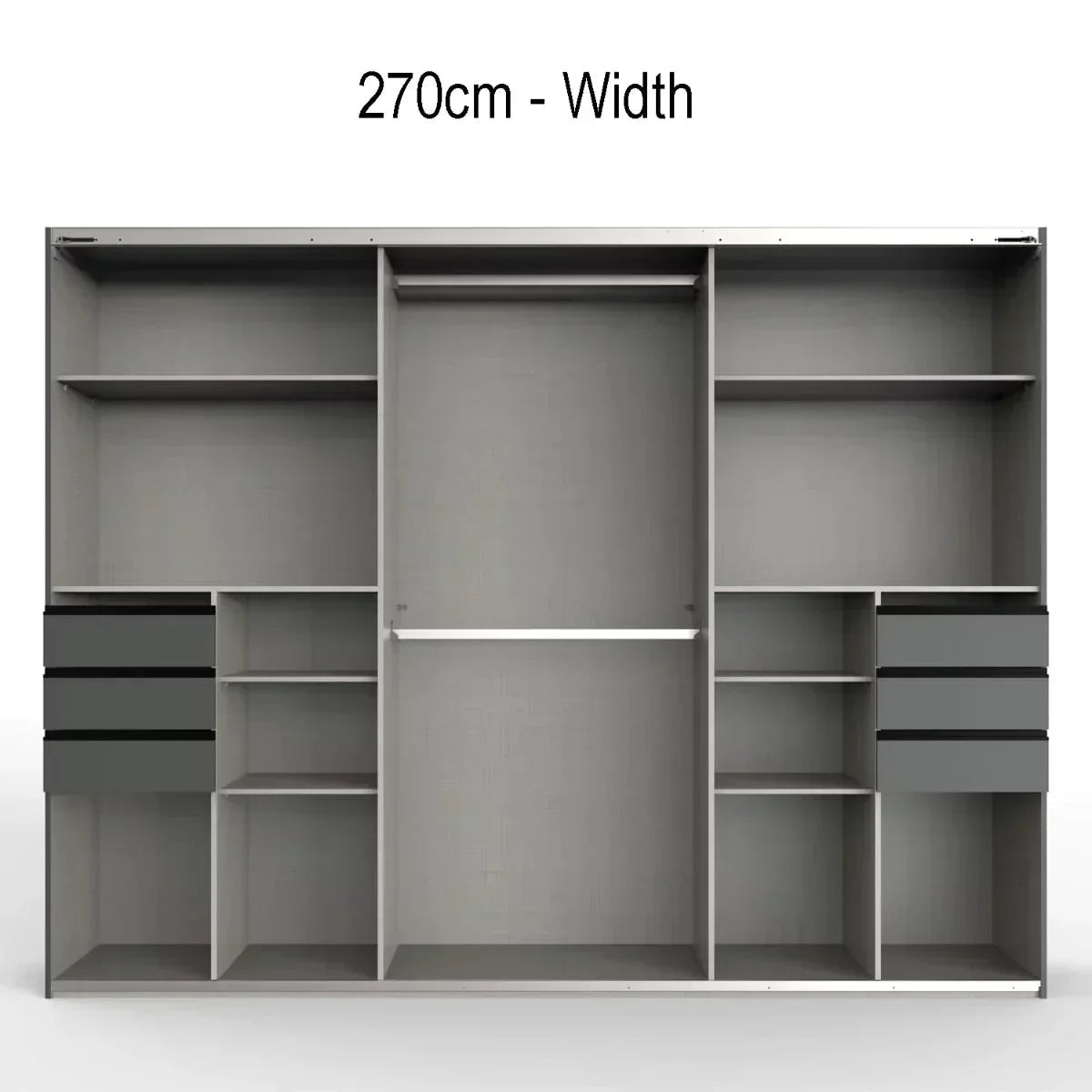 CHOICEWARDROBE 270cm wide sliding wardrobe interior with graphite and black glass, shelves, drawers, and hanging rails.