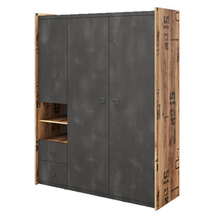 The CHOICEWARDROBE Fairbourne 150cm 3 Door Wardrobe features raw steel and reclaimed wood effect, built-in shelves on the left, two drawers, and dark gray doors with stenciled black lettering for an industrial look.